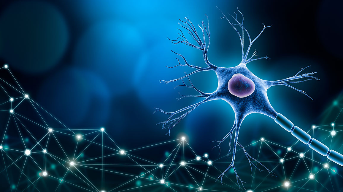 Neuron cell body with nucleus design, 3D rendering illustration with copy space and blue background. with plexus lines network.