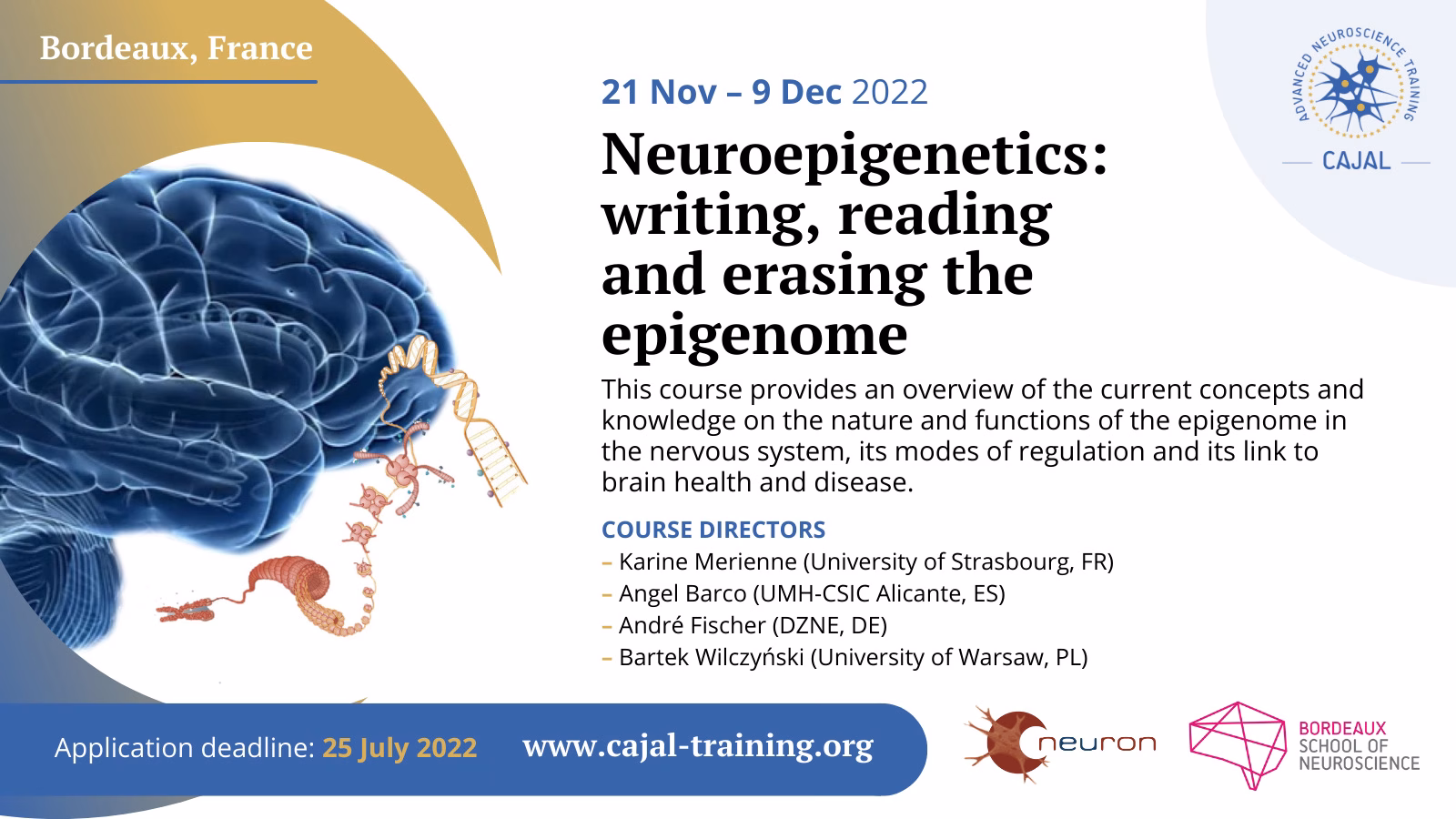Flyer text: 21 Nov - 9 Dec 2022; Neuroepigenetics: writing, reading and erasing the epigenome