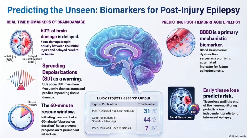 Predicting the Unseen: Biomarkers for Post-Injury Epilepsy Real-time biomarkers of brain damage 50% of brain damage is delayed. Focal damage is split equally between the initial injury and delayed cerebral ischemia. Spreading Depolarizations (SD) as a warning. SDs occur 30 times more frequently than seizures and predict impending tissue damage. The 60-minute rescue window. Initiating treatment at a 60-minute “depression duration” helps prevent progression to permanent infarction. Predicting post-hemorrhagic epilepsy BBBD is a primary mechanistic biomarker. Blood-brain barrier dysfunction serves as a promising automated indicator for future epileptogenesis. Early tissue loss predicts risk. Tissue loss until the end of the neuromonitoring period is a key independent predictor of late-onset epilepsy.